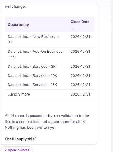Wave AI review step listing 14 opportunities to update, noting nothing has been written yet and asking for approval