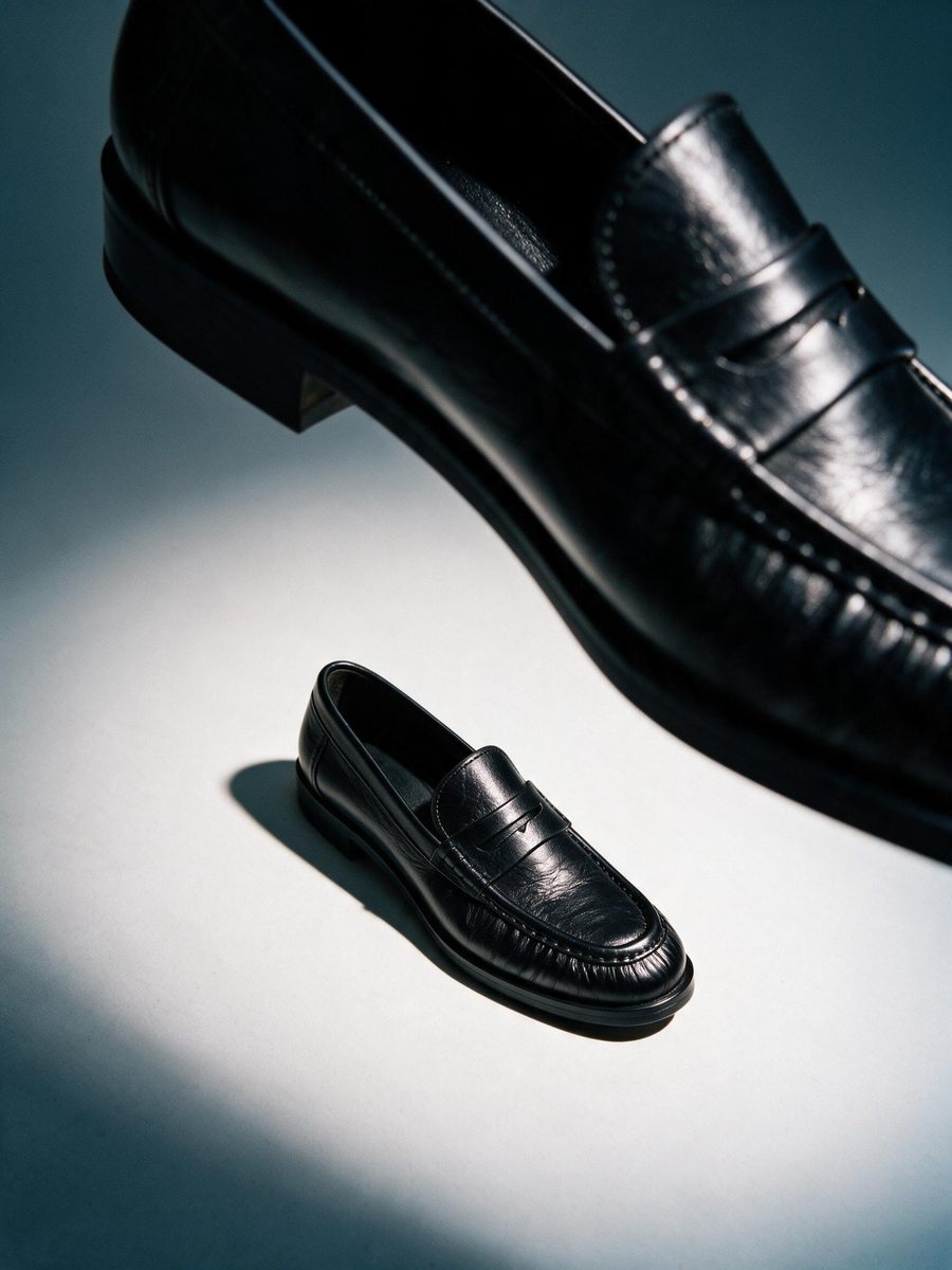 Mocasín negro en primer plano y otro al fondo