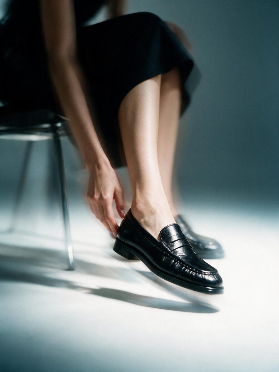 Modelo calzándose un mocasín negro