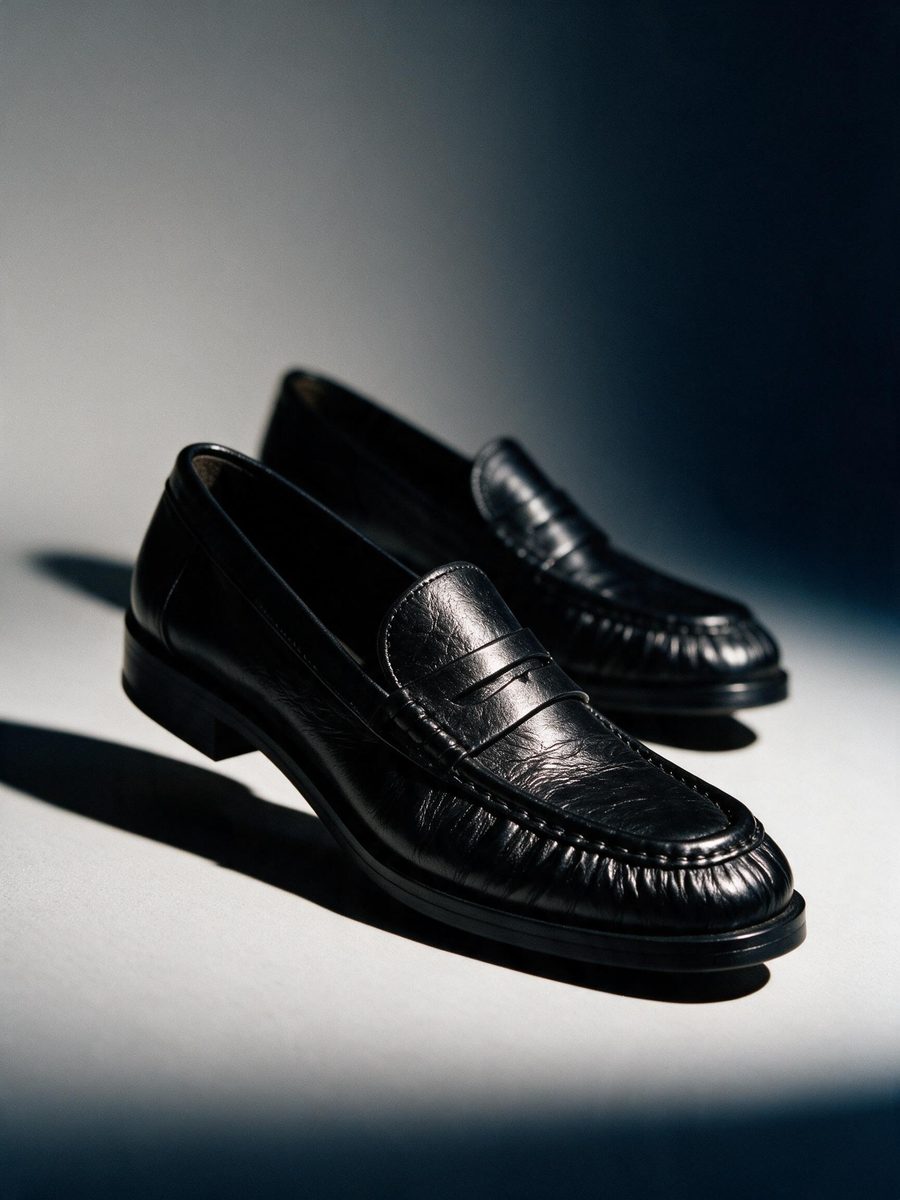 Par de mocasines negros en diagonal