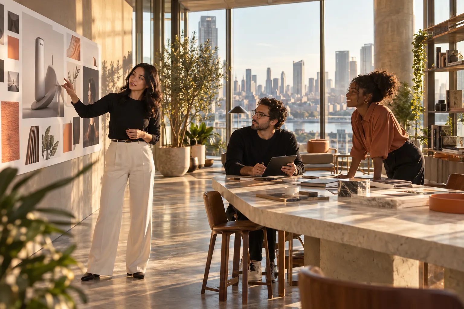 Creative technologists developing a consumer experience in a sunlit studio overlooking the city