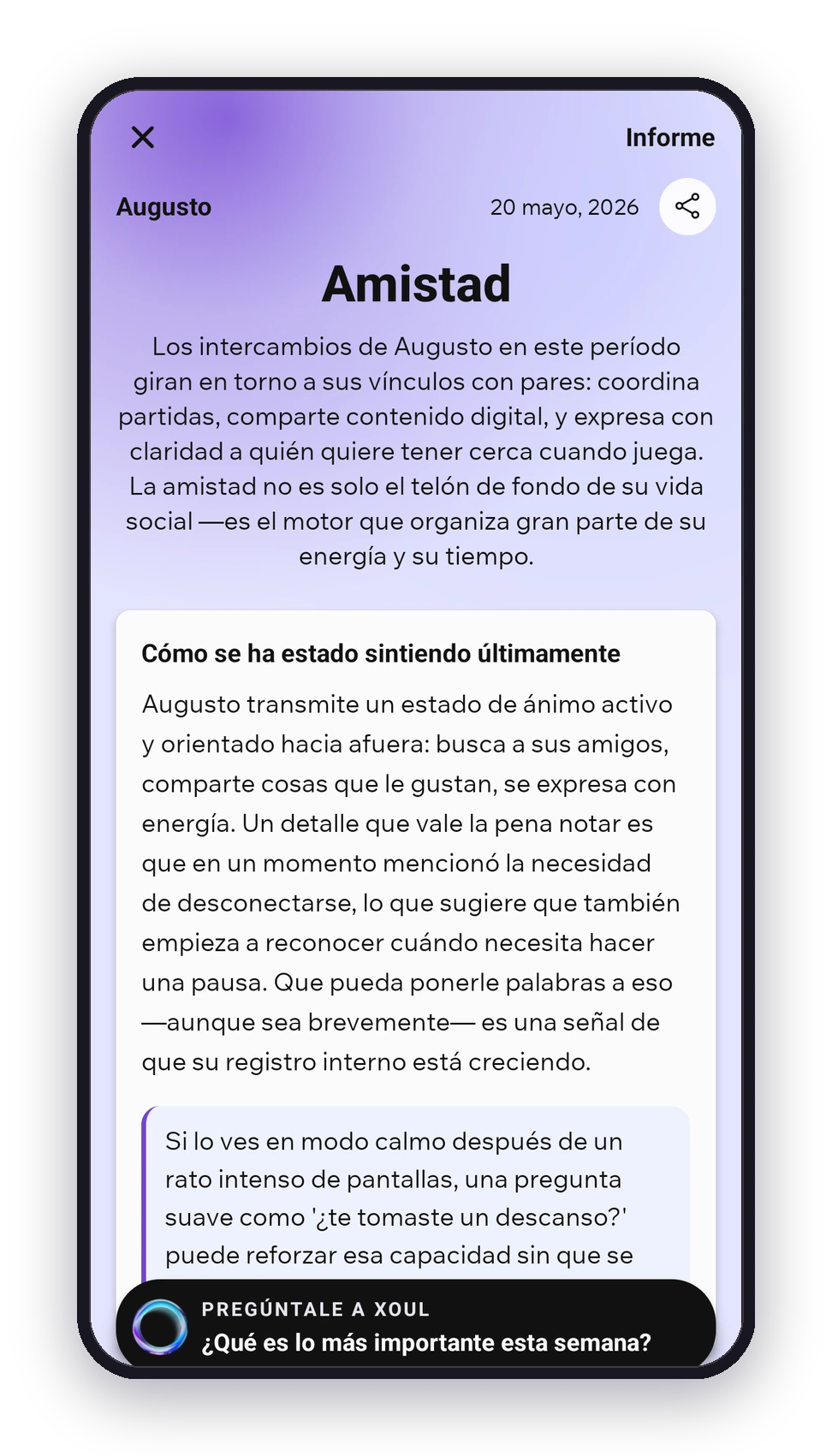 Informe inicial de Xoul en la app