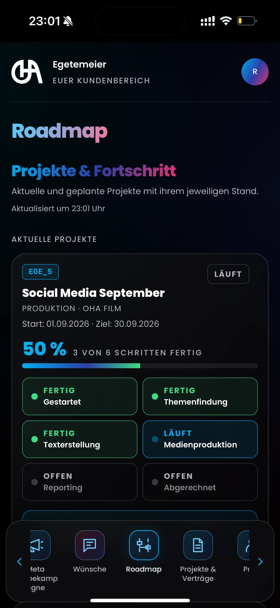 Roadmap mit Terminen und Produktionsschritten in der OHA-App