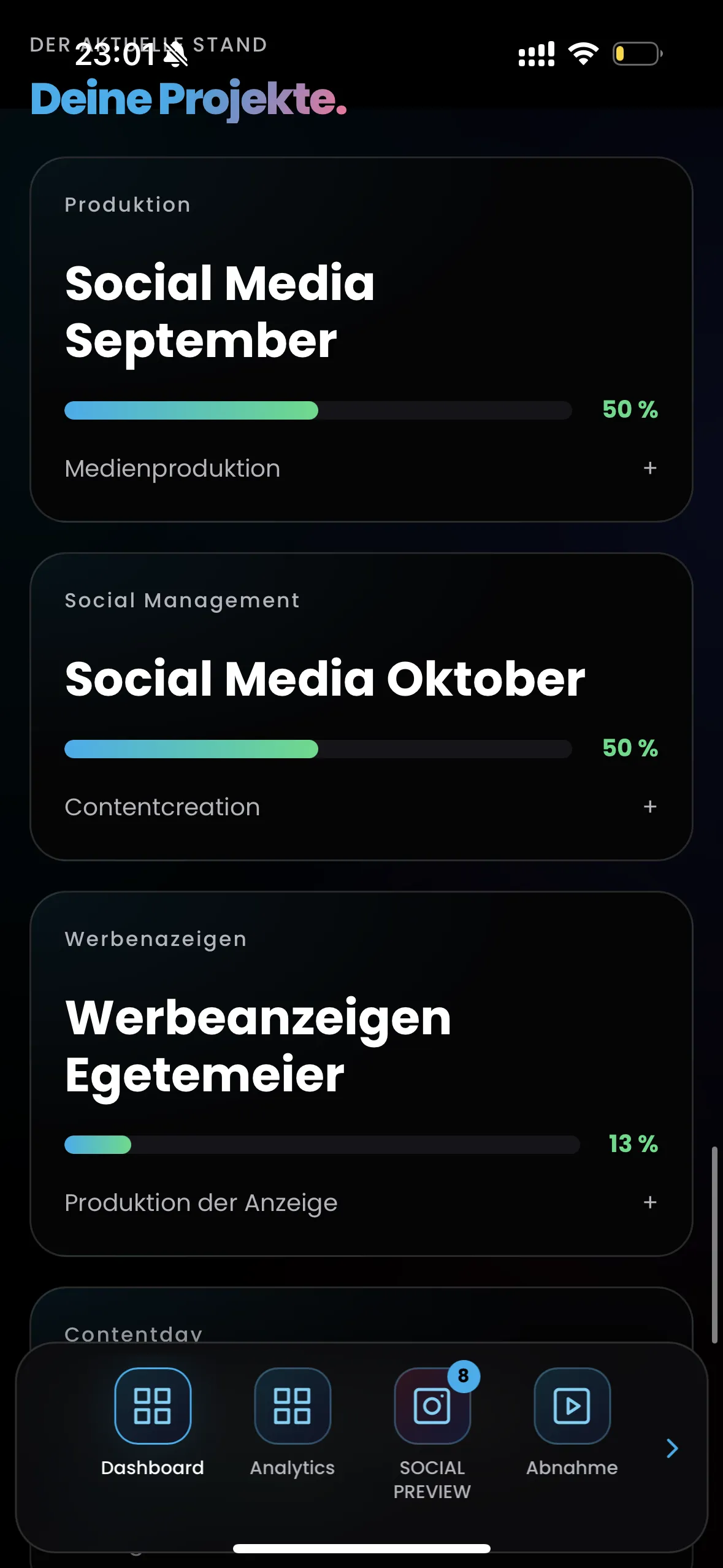 Projektfortschritt in der OHA-Kundenplattform