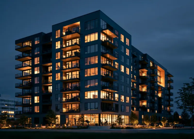 Modern mid-rise multifamily apartment building glowing at dusk