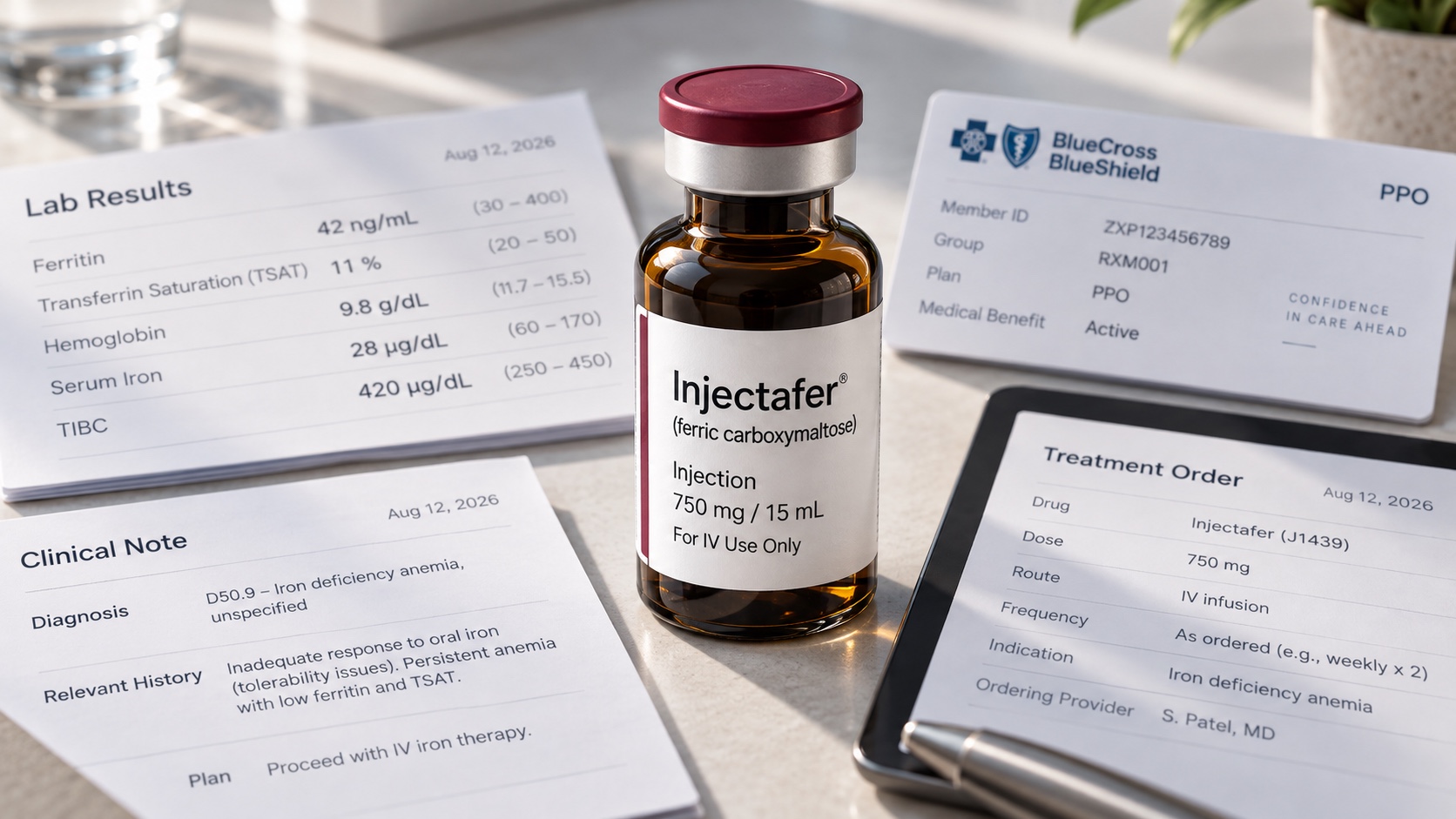 Injectafer vial beside lab results, a clinical note, insurance benefit details, and a treatment order