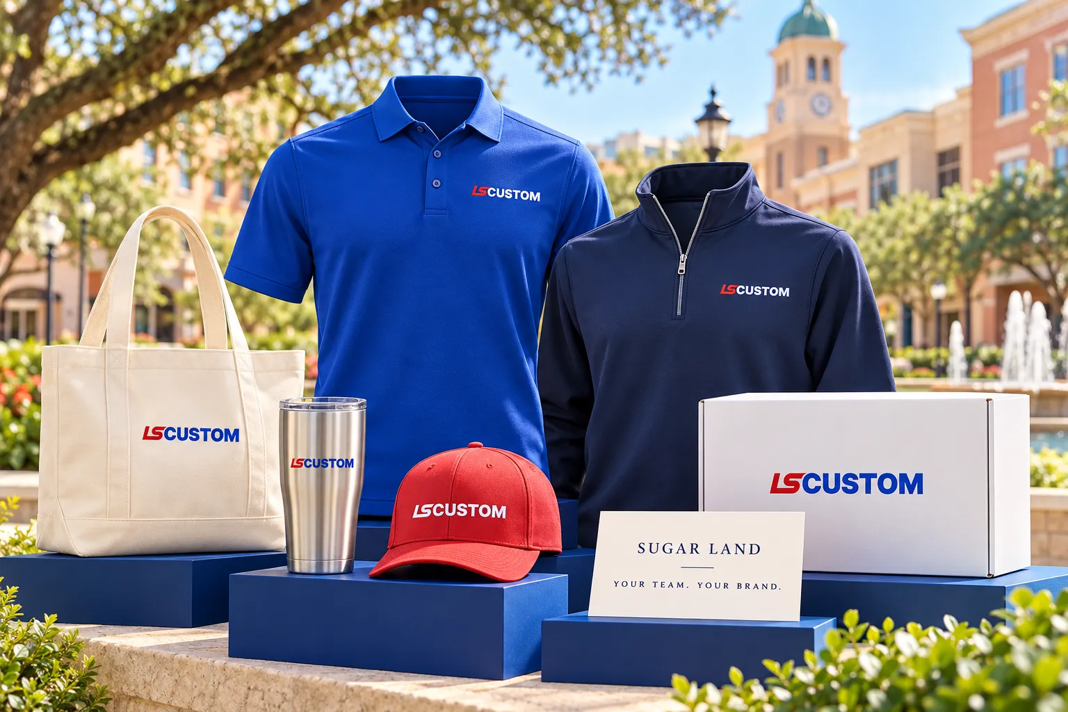 LS Custom branded employee merchandise concept with Sugar Land inspired civic architecture
