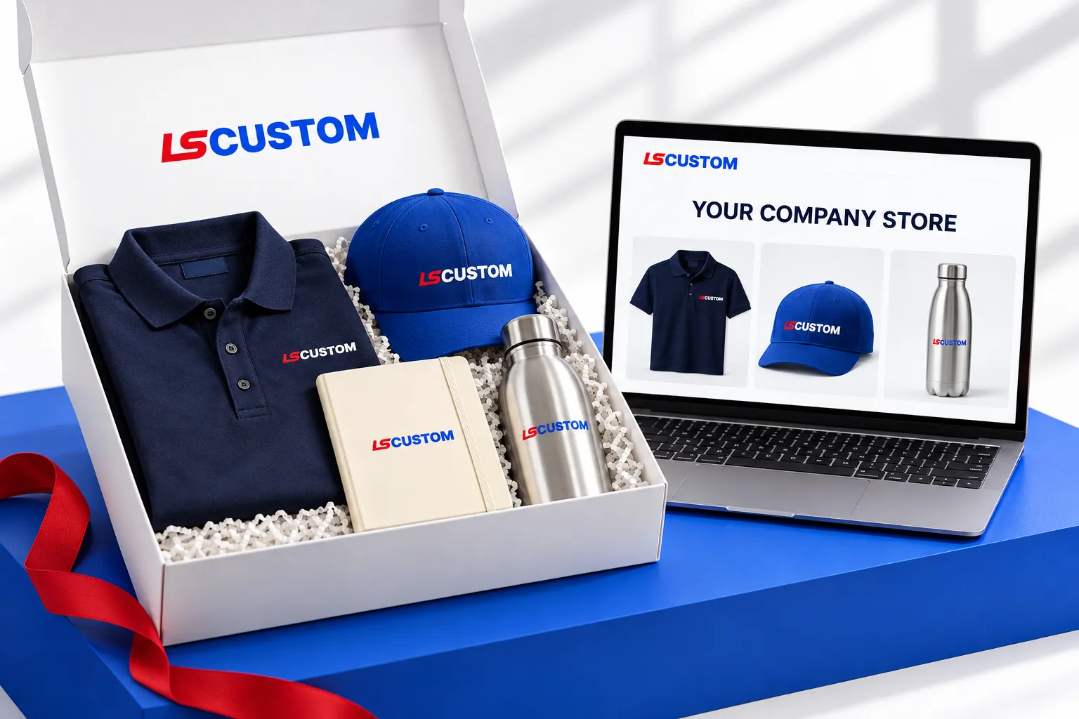 LS Custom employee welcome kit and illustrative branded company merchandise portal
