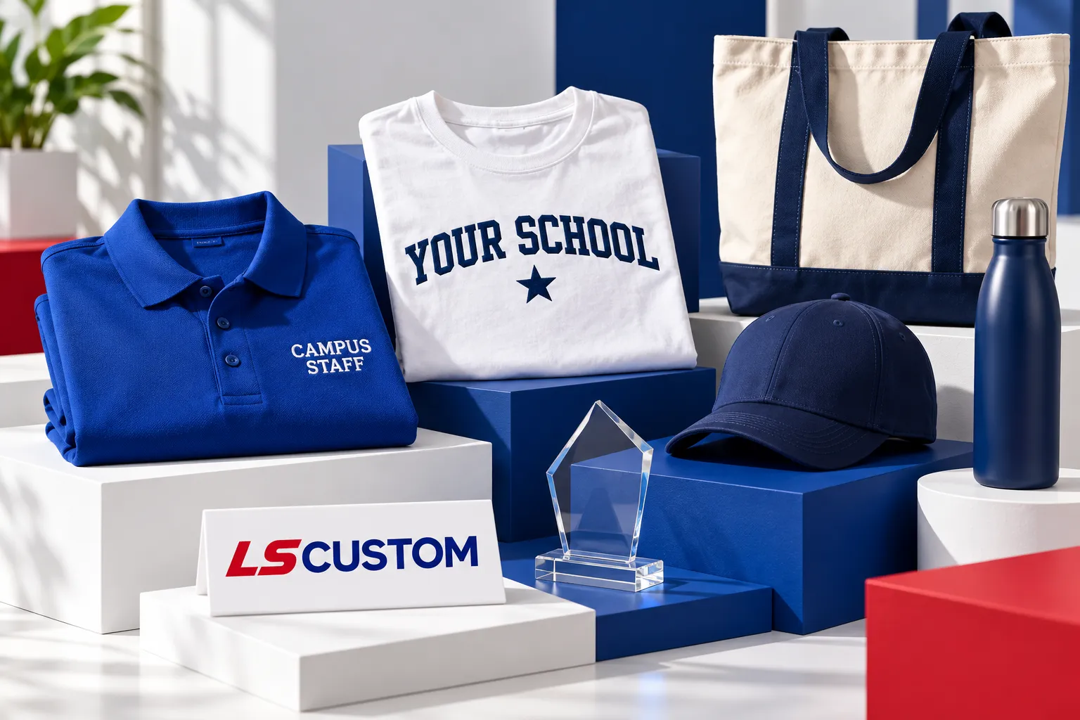 Illustrative LS Custom school merchandise collection with a staff polo, spirit shirt, tote, cap, bottle and recognition award