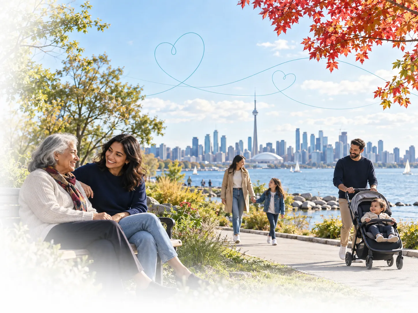 Illustration of an intergenerational community beside the Toronto waterfront