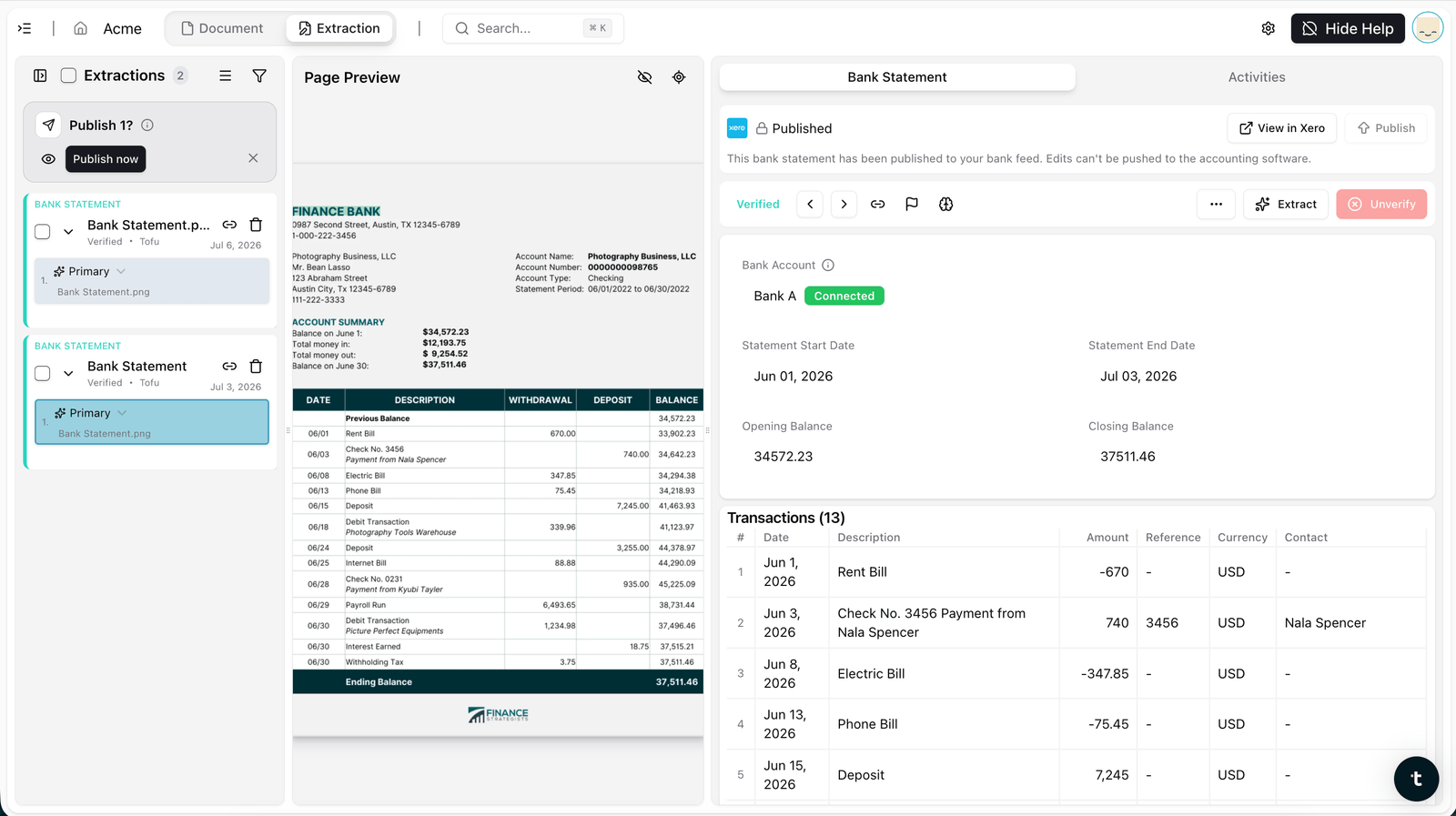 Bank statement published to Xero from Tofu with View in Xero button