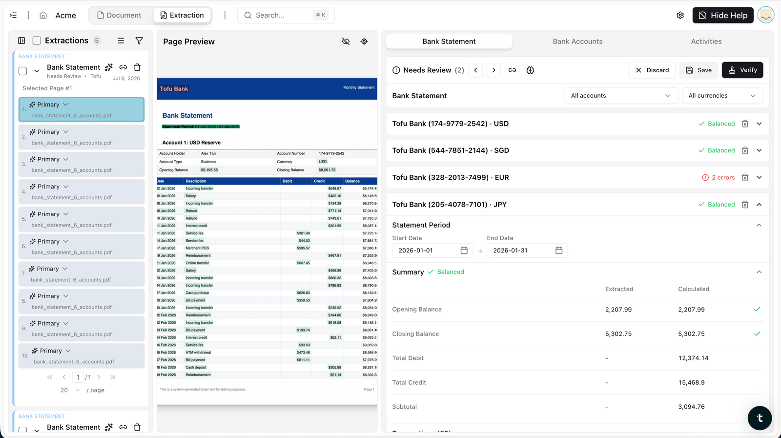 Tofu extracting four bank accounts in different currencies from a single statement upload