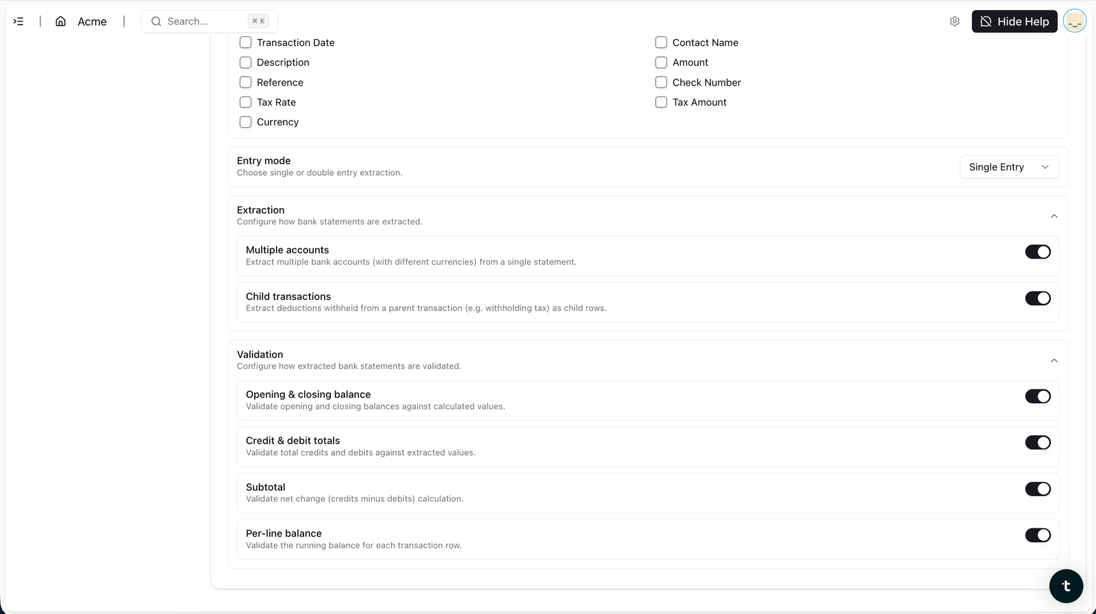 Tofu extraction settings showing tax rate, currency, and per-line field configuration