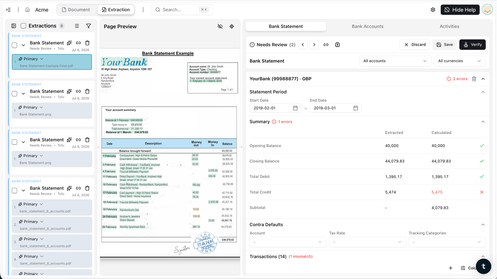 Tofu validation summary comparing extracted and calculated balances with per-line checks