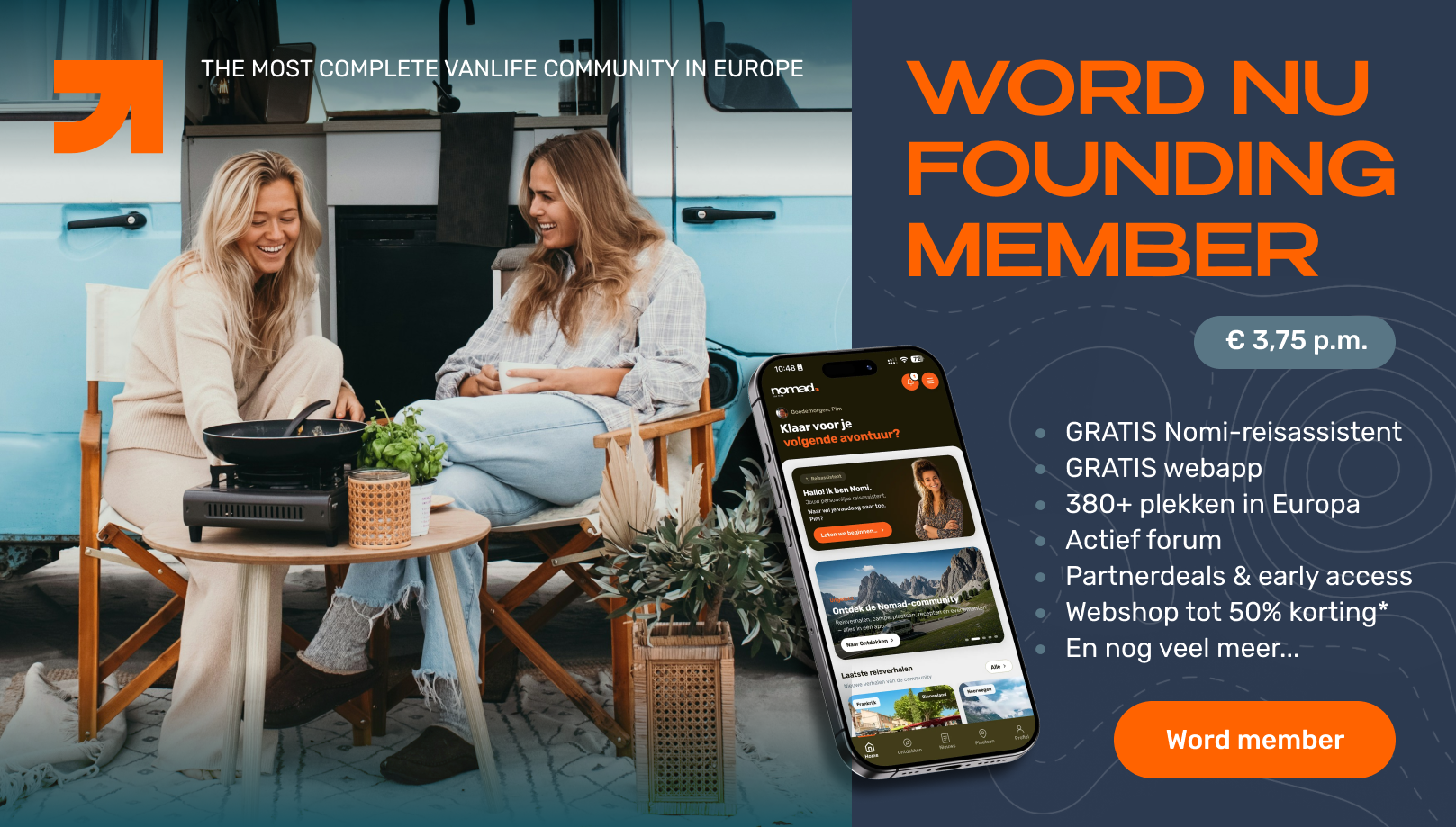 Word nu Founding Member — €3,75 p.m. — GRATIS Nomi-reisassistent, webapp, 380+ plekken in Europa en meer.
