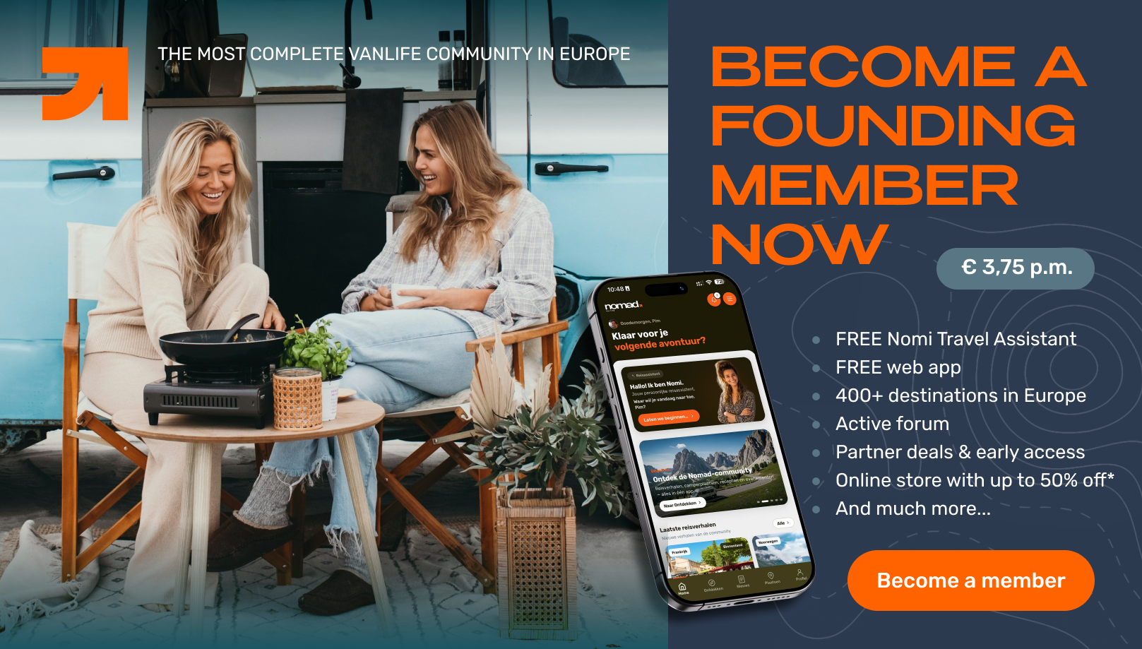Word nu Founding Member — €3,75 p.m. — GRATIS Nomi-reisassistent, webapp, 380+ plekken in Europa en meer.
