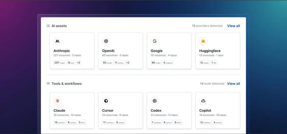 AI assets grouped by provider with resource and repository counts, above a Tools and workflows panel listing detected coding agents.