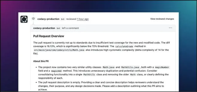 Codacy's AI Reviewer leaving a Pull Request Overview comment on a GitHub PR, flagging insufficient diff coverage and two near-duplicate utility classes.