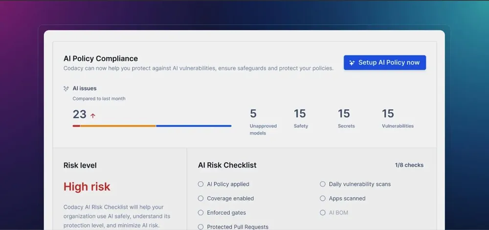 The AI Risk Hub overview: AI Policy Compliance counts, a High risk level, and an eight-item AI Risk Checklist.