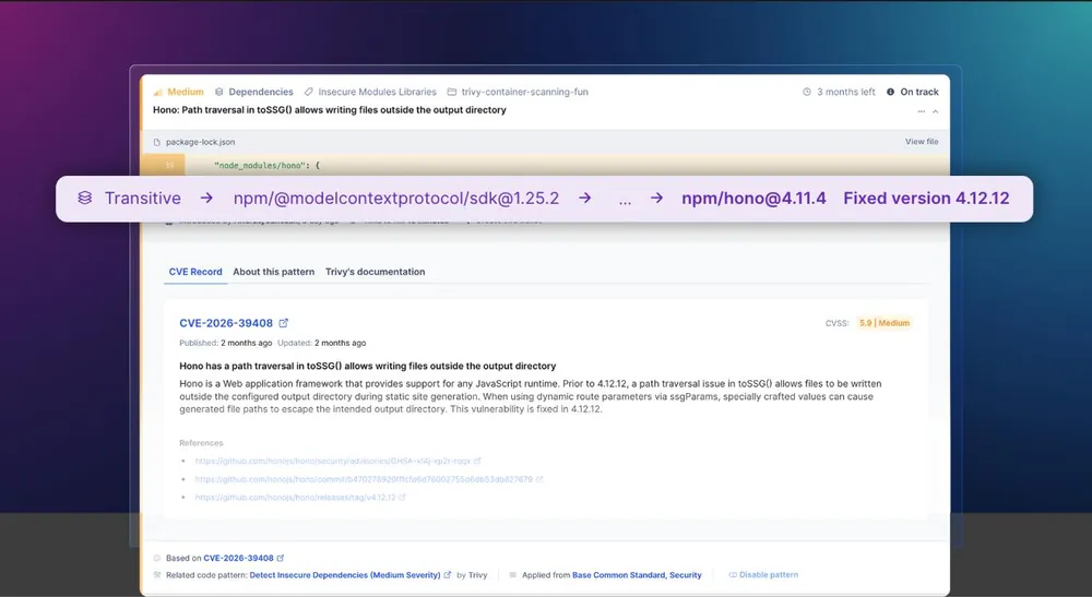 A transitive vulnerability finding showing the chain from an MCP SDK dependency down to a vulnerable hono version, with the fixed version named.