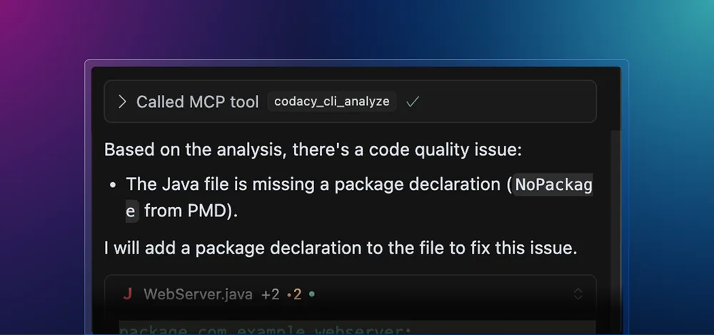 A coding agent's own transcript: it calls the codacy_cli_analyze MCP tool, reports that a Java file is missing a package declaration flagged by PMD, and says it will add one to fix it.