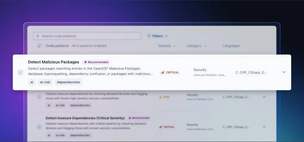 The Detect Malicious Packages code pattern, marked Critical, matching entries in the OpenSSF Malicious Packages database.
