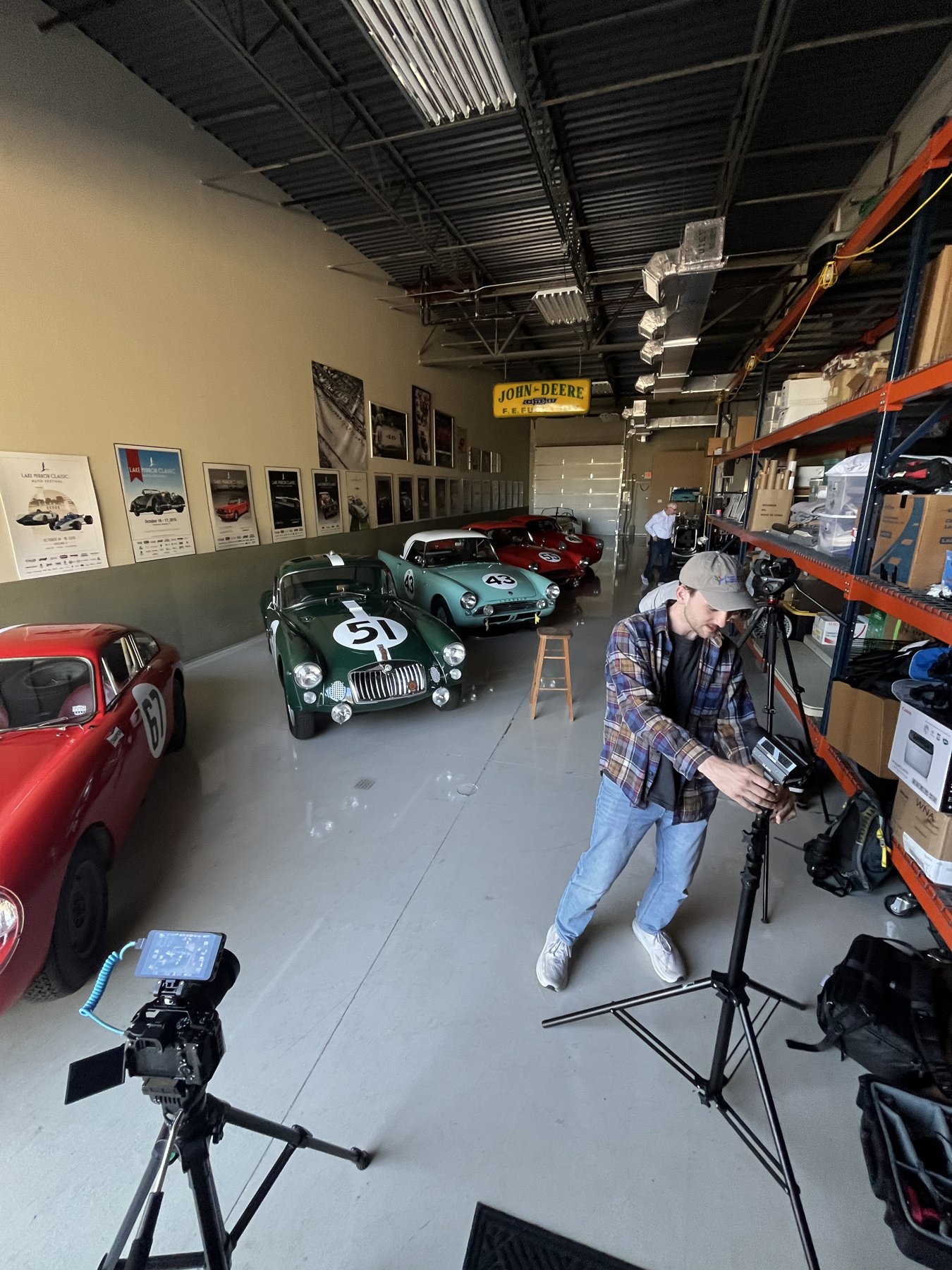 Setting up cameras among classic race cars