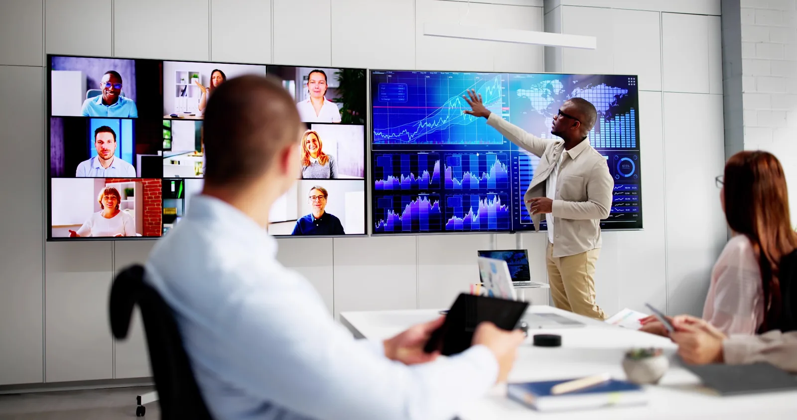Commercial audiovisual meeting room with integrated video conferencing
