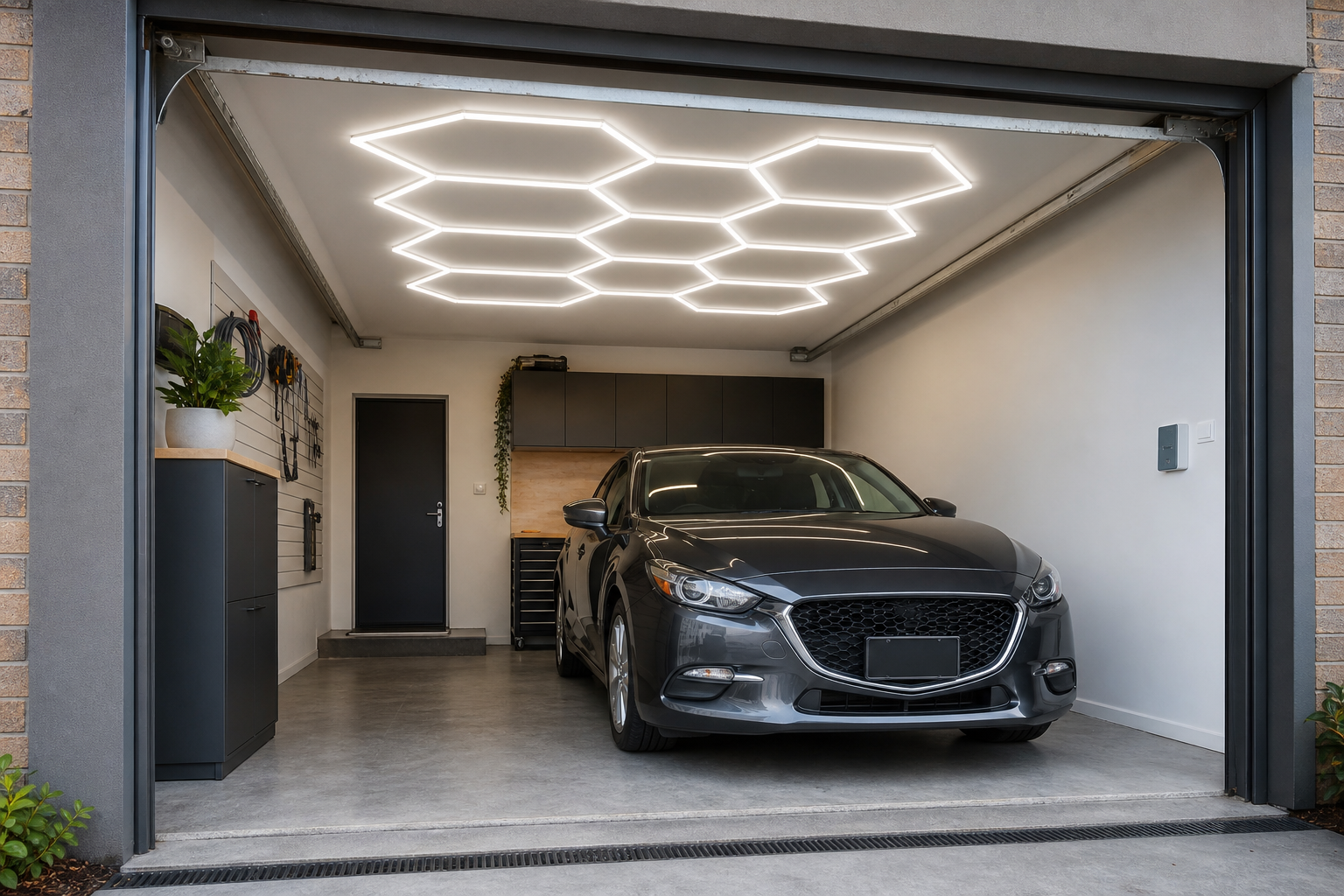 Product visualisation of a single-car Melbourne garage with one coherent hexagon LED ceiling lighting system