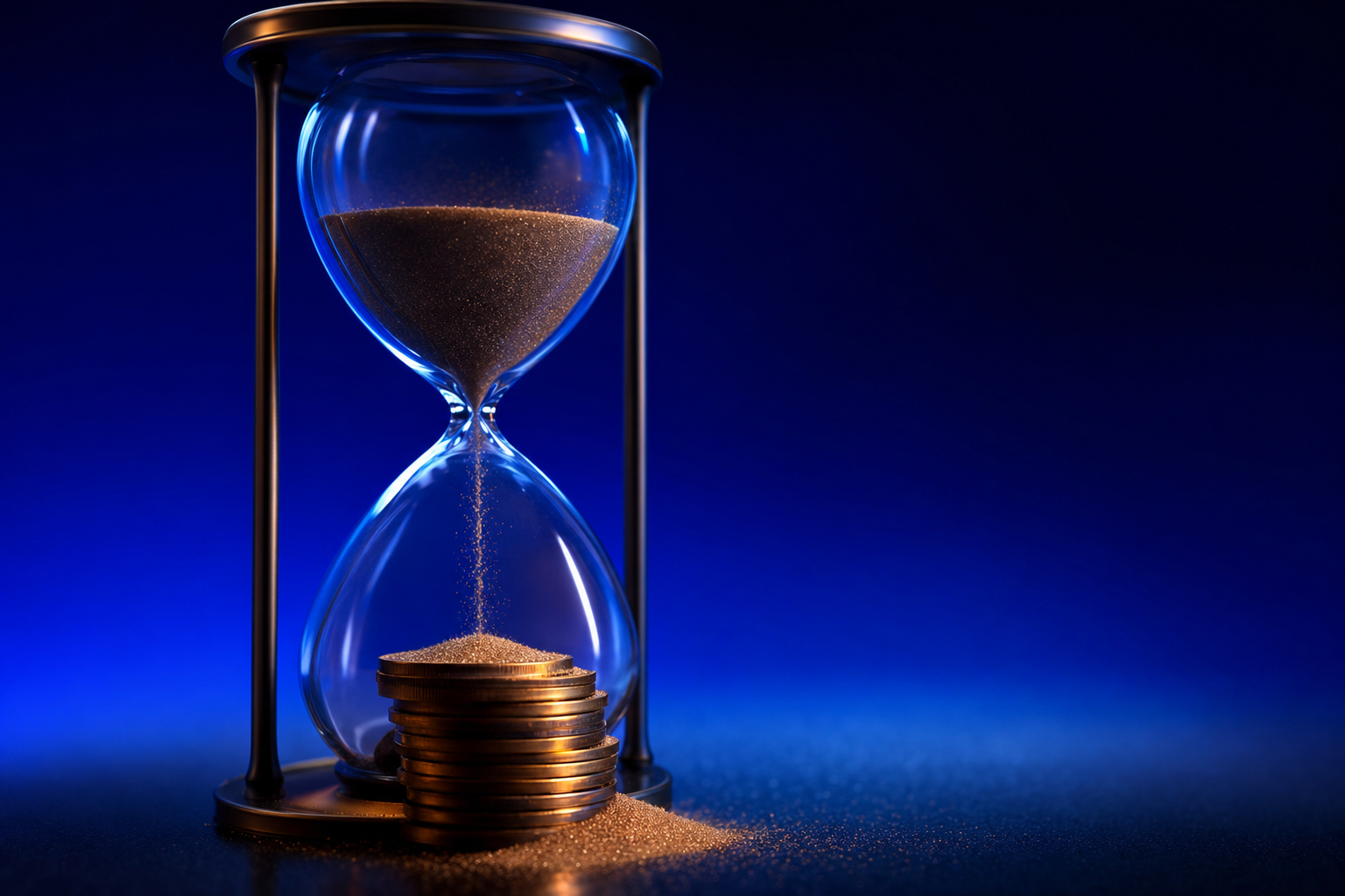 An hourglass with sand falling onto a stack of coins, representing the cost of starting a capital raise late