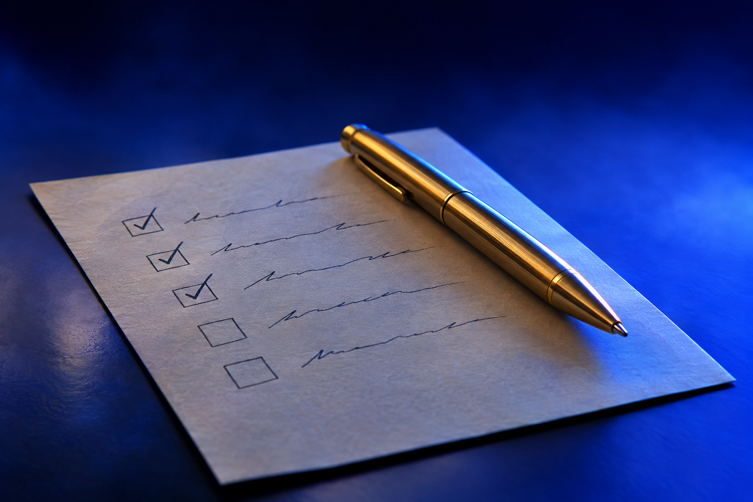 A handwritten punch list with three of five boxes checked off by a brass pen