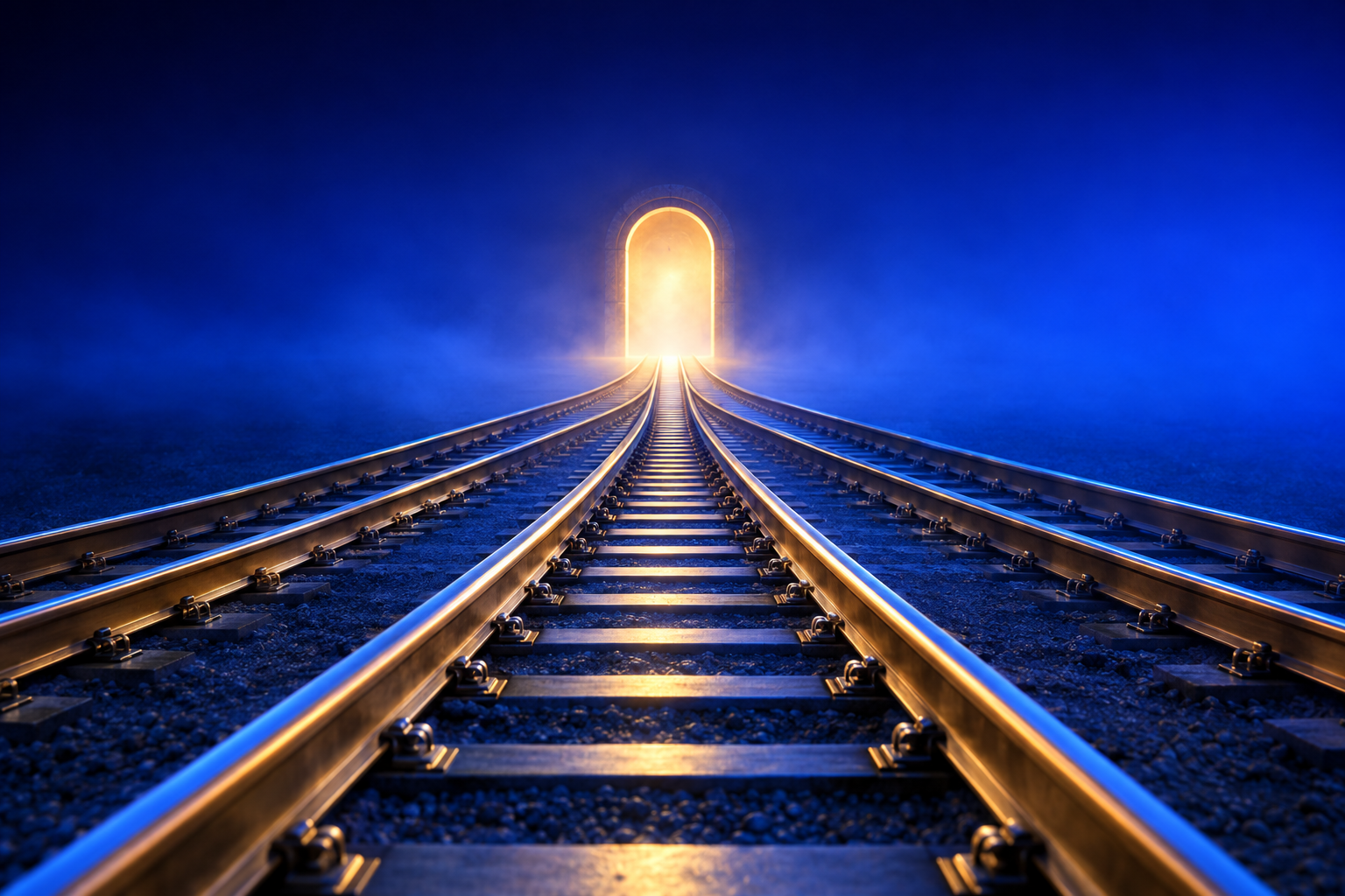 Brass rail tracks converge toward a single lit archway in the distance