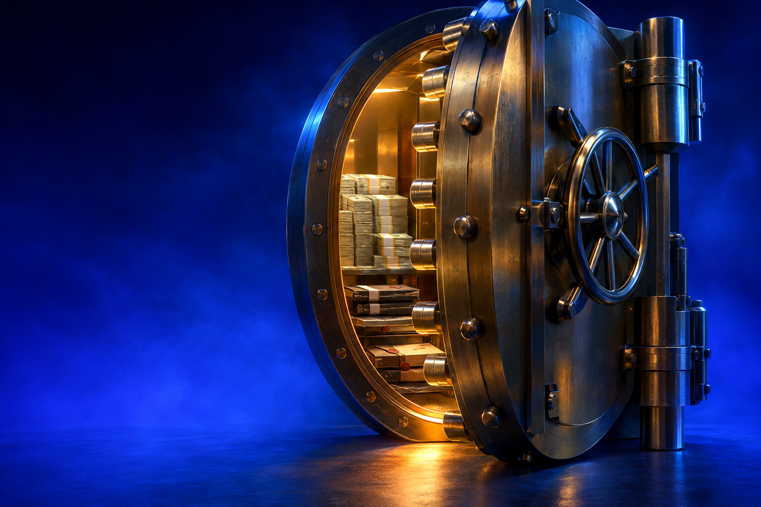 A brass vault door stands ajar, revealing stacked currency and sealed documents inside