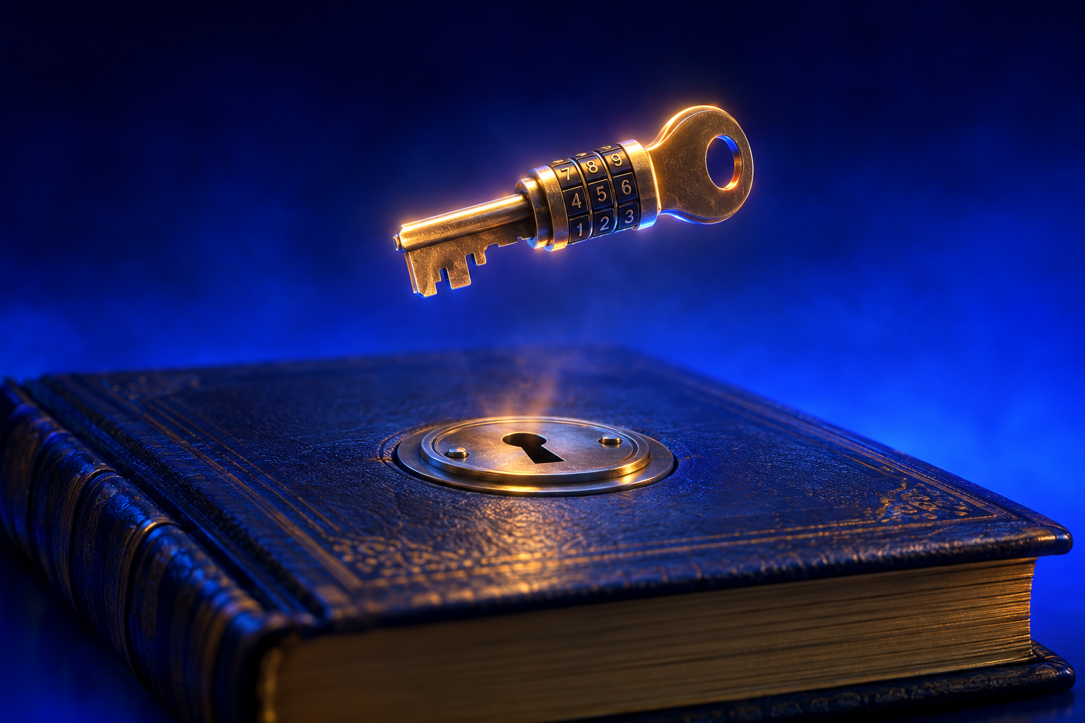 A brass combination key floats above a locked ledger book