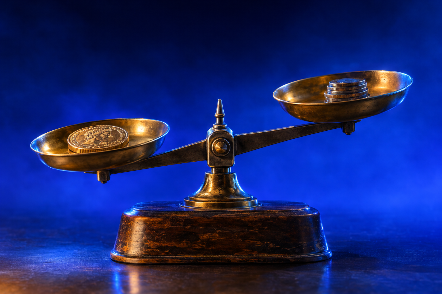 A brass balance scale weighs a single coin against a stack of smaller coins