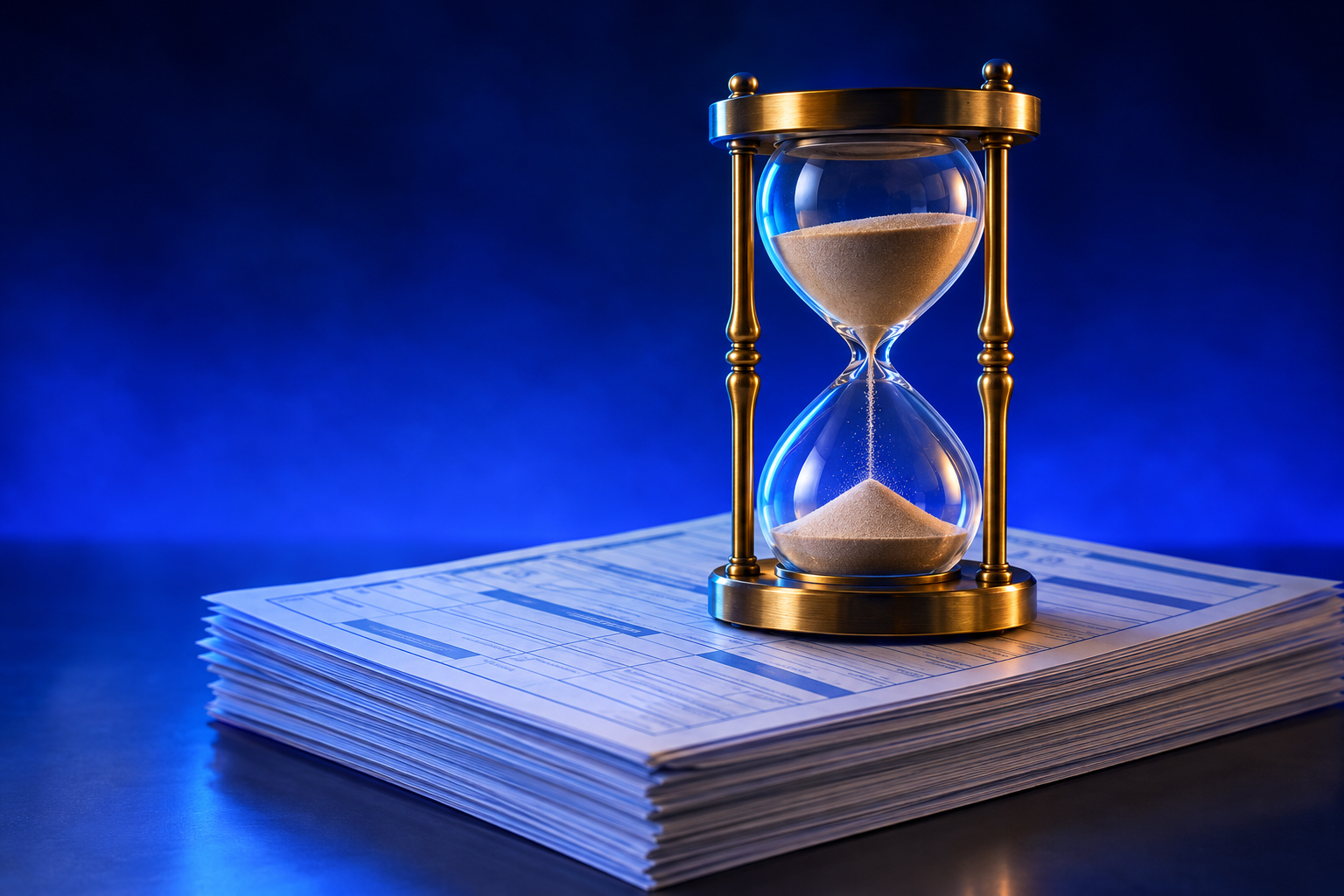A brass hourglass with falling sand rests on a stack of blank billing forms