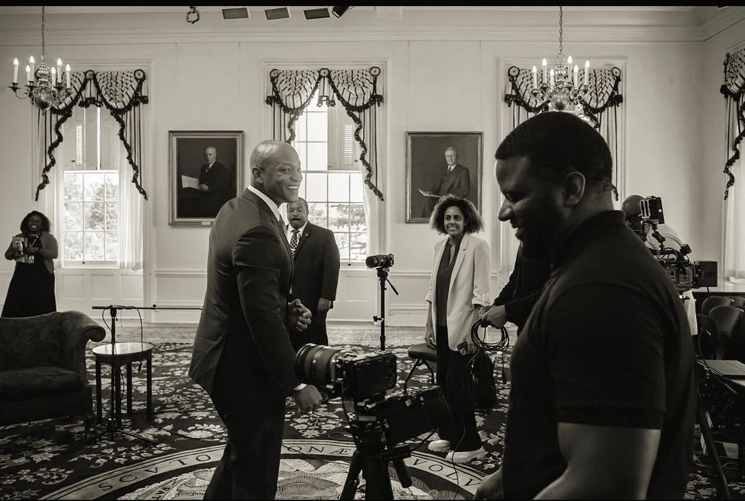 Behind the scenes with Maryland Governor Wes Moore on an interview shoot filmed by Uncharted Media