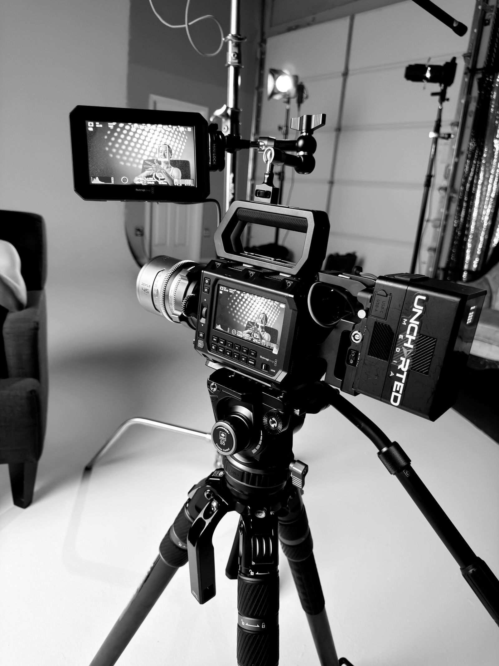 Cinema camera monitoring a studio interview by Uncharted Media