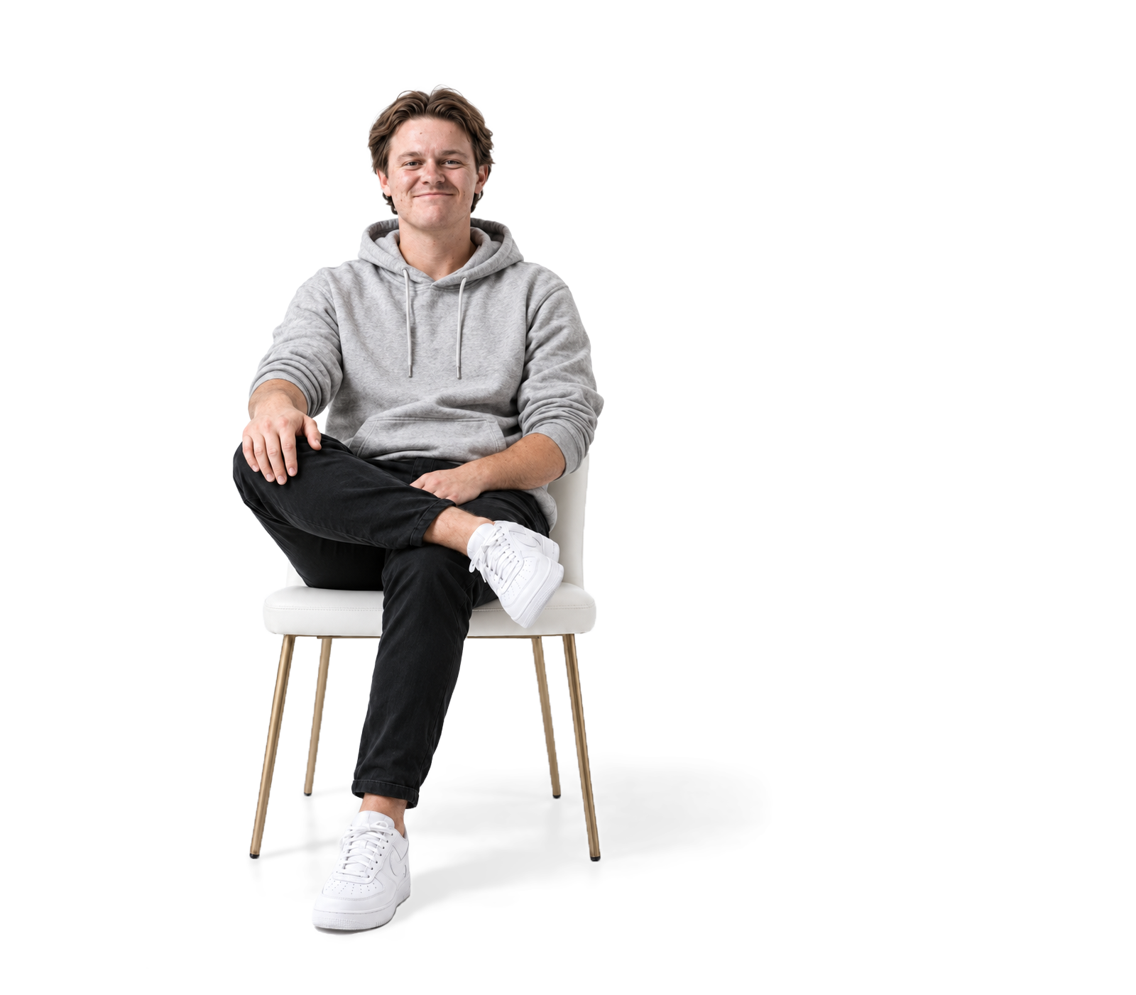 A fuelAI rep seated in a chair, surrounded by the traits Authentic Intelligence learns: personality, tone, timing, preferences, knowledge base and company brand.