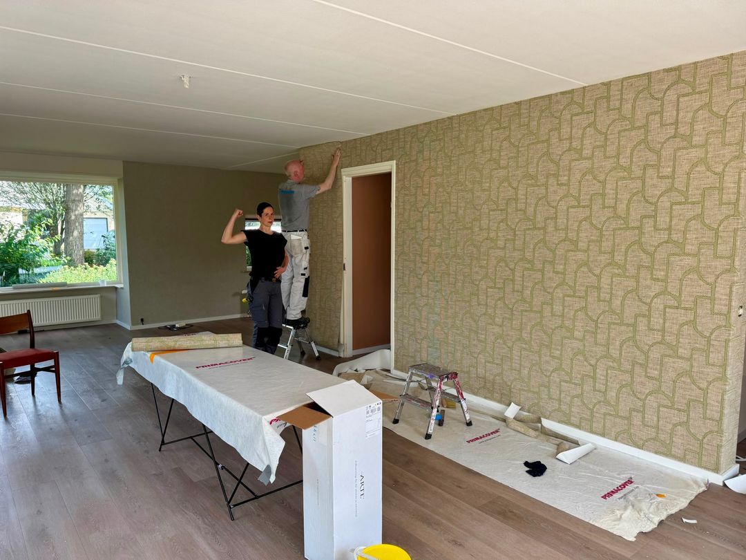 Schilders van Verfprofessioneel aan het behangen van de middenwand