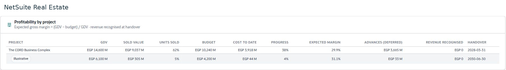 NetSuite Real Estate review project profitability on the executive dashboard