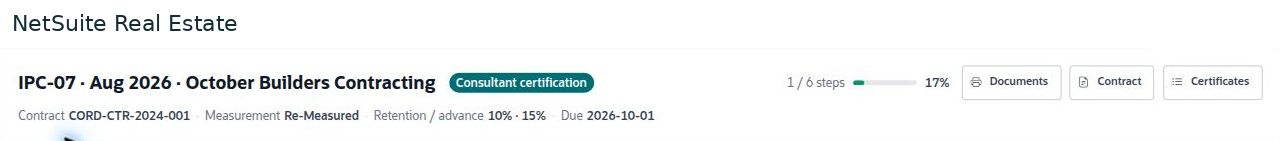 NetSuite Real Estate — The populated certificate identifies the contractor, period, current certification stage, and 1 of 6 completed steps.