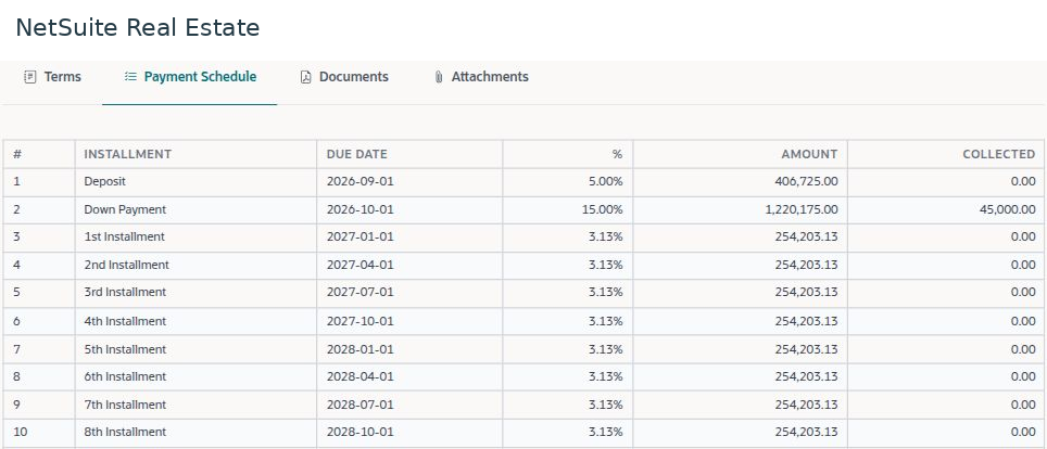 NetSuite Real Estate review the installment schedule