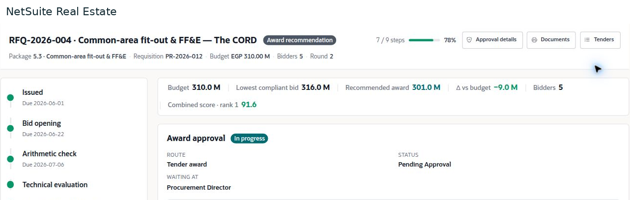 NetSuite Real Estate — The populated tender shows the recommendation, budget comparison, evaluation score, and award approval stage.