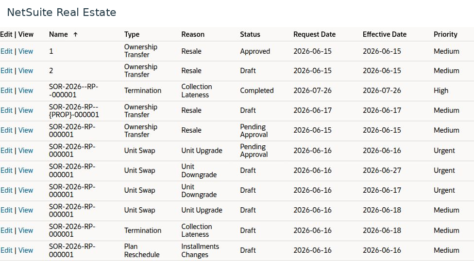 NetSuite Real Estate browse after-sales request types