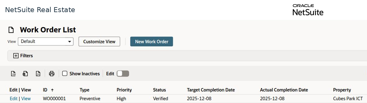 NetSuite Real Estate facility Management — work order register populated workspace