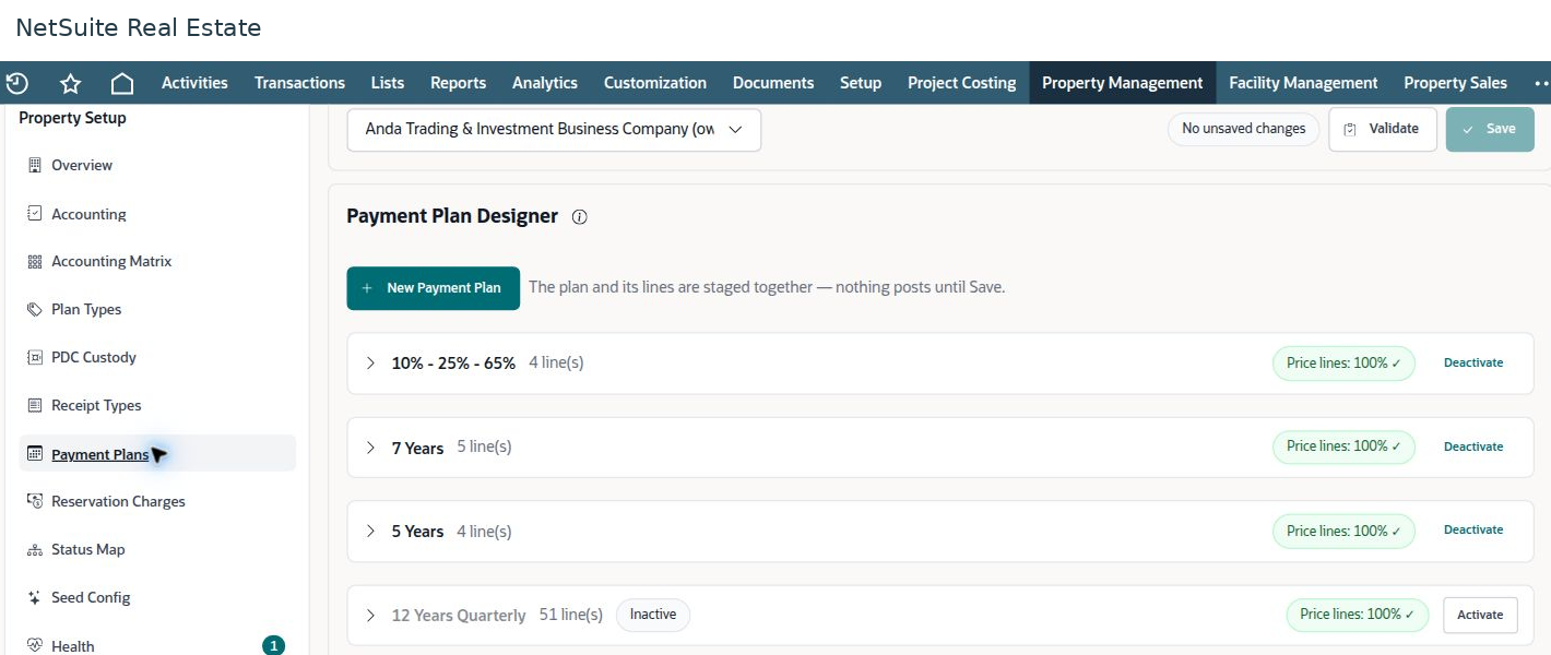 NetSuite Real Estate property setup — payment plans populated workspace