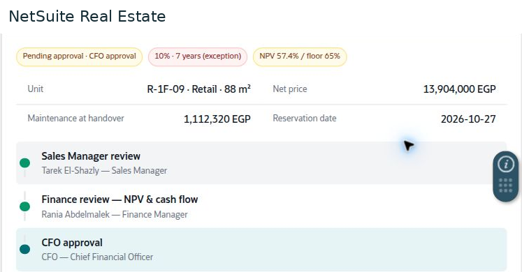 NetSuite Real Estate — Demo reservation exception shows the proposed plan, NPV threshold comparison, completed reviews, and pending CFO approval.