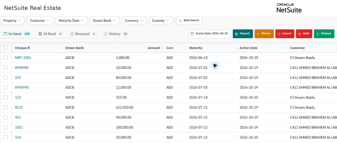 NetSuite Real Estate collections and post-dated cheques populated workspace