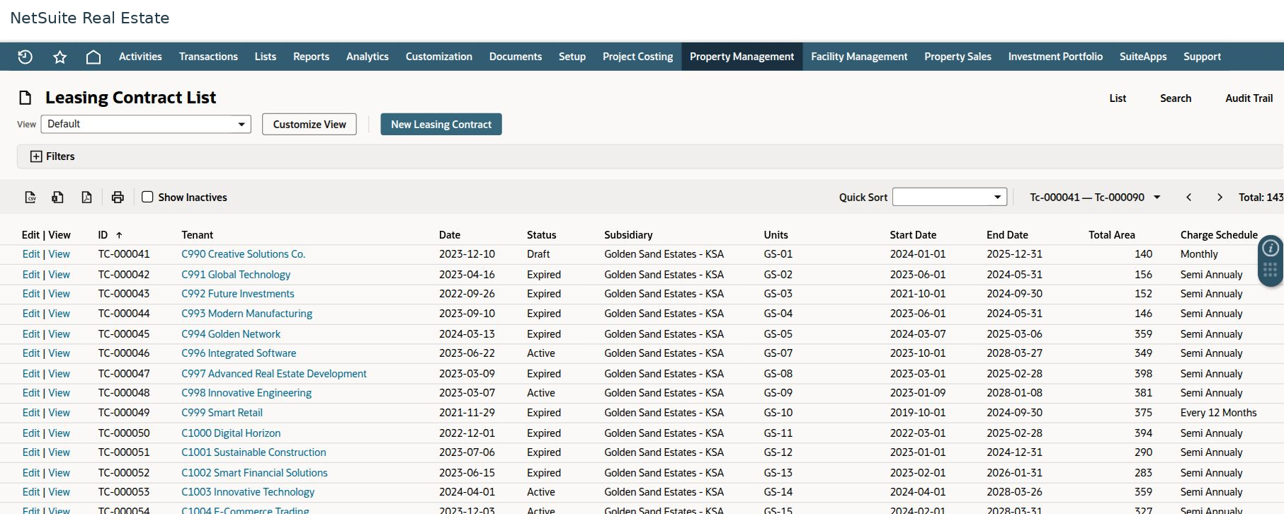 NetSuite Real Estate property Management — lease register populated workspace